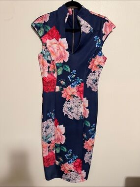 Alexia Admor Navy Floral High Neck Cutout Sheath Dress
